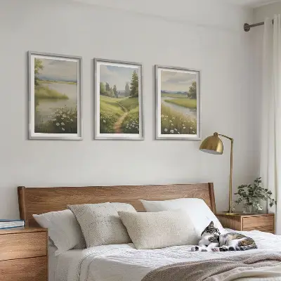 Vårlandskap flodäng tavelset för vägg ovanför soffa