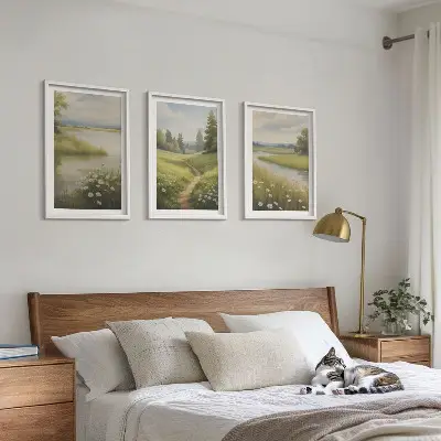 Vårlandskap flodäng tavelset för vägg ovanför soffa