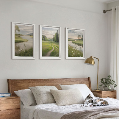 Tavelpaket med ramar Sommarlandskap, flod, blomsteräng