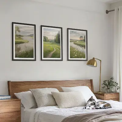 Tavelset med ramar sommarlandskap med flod och blomsteräng