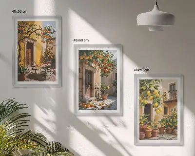 Tavelset med citrusfrukter och gårdsväxter för placering ovanför soffa