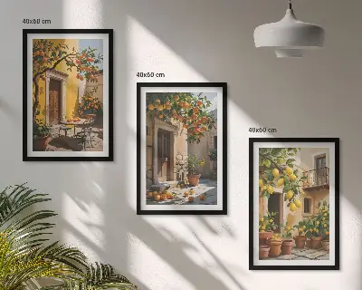 Tavelset med citrusfrukter och gårdsväxter för placering ovanför soffa