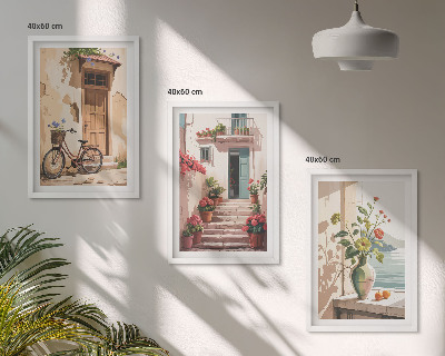 Set om 3 tavlor Gator, blommor och cyklar