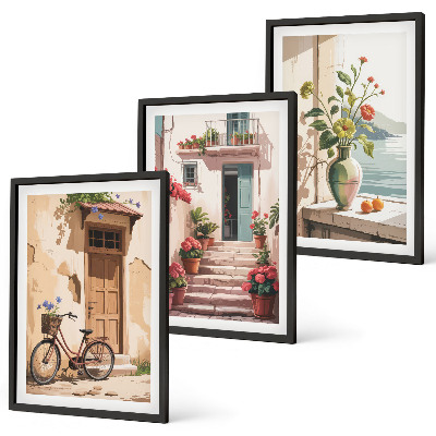 Set om 3 tavlor Gator, blommor och cyklar