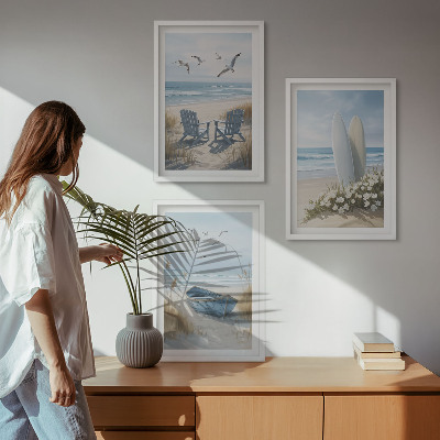 Tavelset ovanför soffa Strandsurfbrädor fåglar