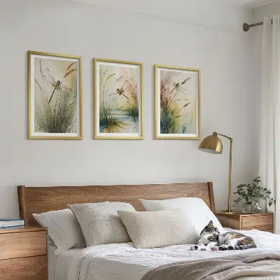Trollsländor gräs akvarellmålning set om 3 tavlor