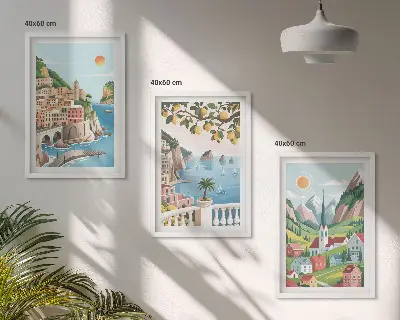 Tavelset ovanför soffa med motiv av landskap, hav och citrusfrukter