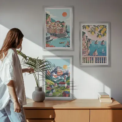 Färgglada berg och städer set om 3 tavlor