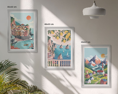 Set om 3 tavlor Färgglada berg och städer