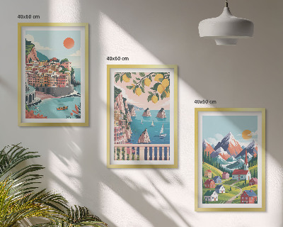 Set om 3 tavlor Färgglada berg och städer