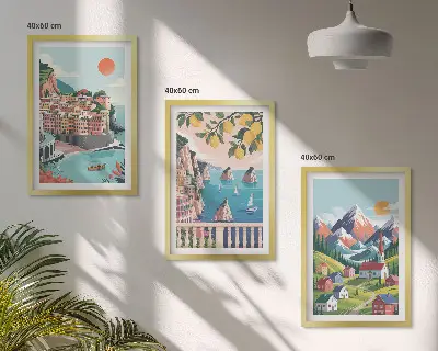 Färgglada berg och städer set om 3 tavlor
