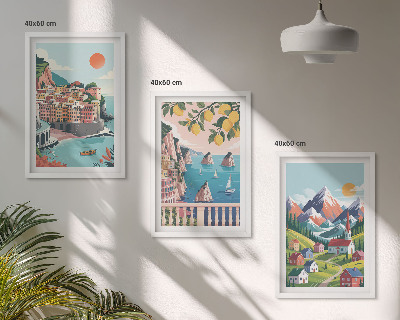 Set om 3 tavlor Färgglada berg och städer