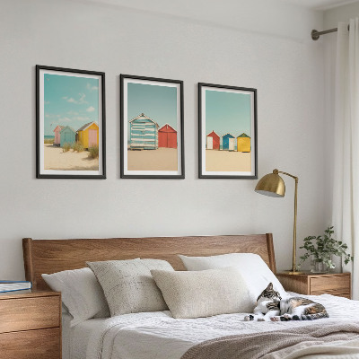 Tavelset ovanför soffa Färgglada hus, strand, sol