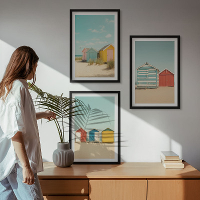 Tavelset ovanför soffa Färgglada hus, strand, sol