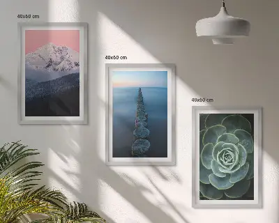 Tavelvägg med ramar motiv av berg i rosa himmel över vatten