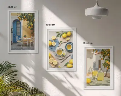 Tavelset ovanför soffa citroner med lemonad och blå dörr