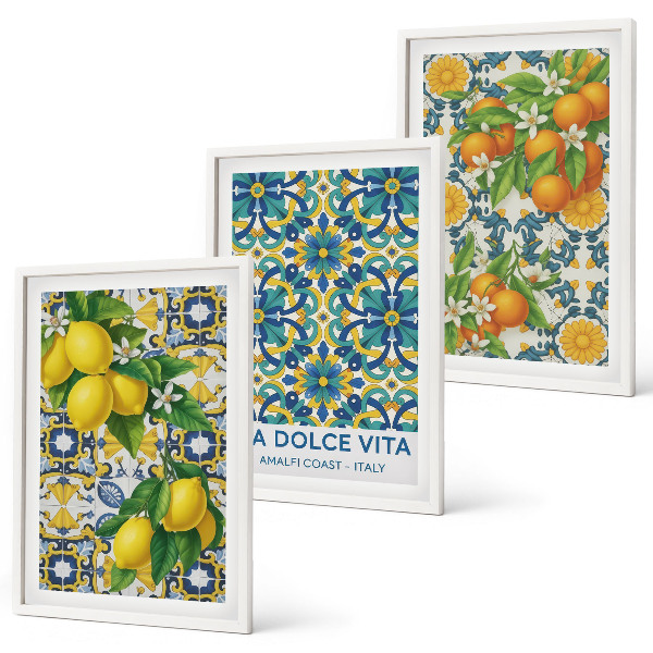 Set om 3 tavlor Citroner, apelsiner, blommor, Italien