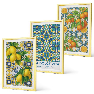 Set om 3 tavlor Citroner, apelsiner, blommor, Italien