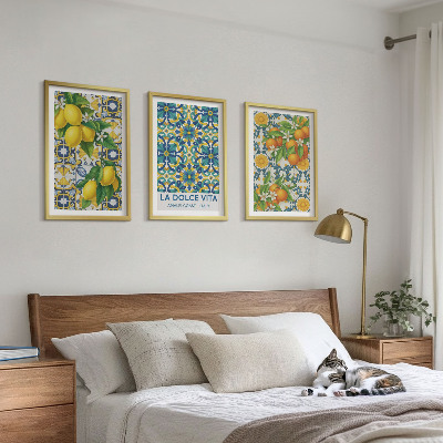 Set om 3 tavlor Citroner, apelsiner, blommor, Italien