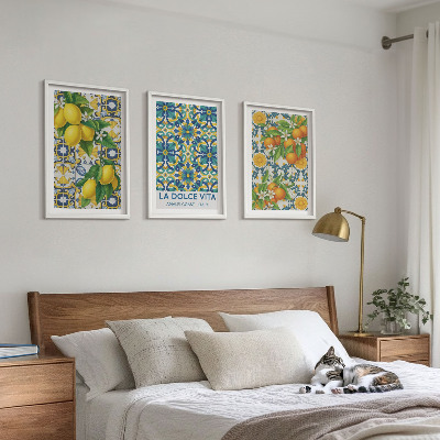 Set om 3 tavlor Citroner, apelsiner, blommor, Italien