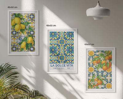 Set om 3 tavlor Citroner, apelsiner, blommor, Italien