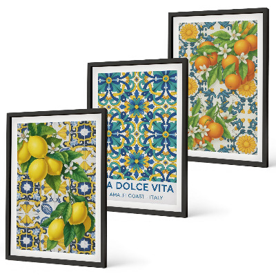 Set om 3 tavlor Citroner, apelsiner, blommor, Italien