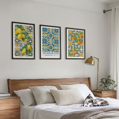 Set om 3 tavlor Citroner, apelsiner, blommor, Italien