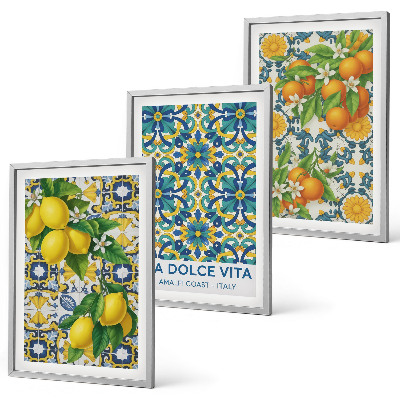 Set om 3 tavlor Citroner, apelsiner, blommor, Italien