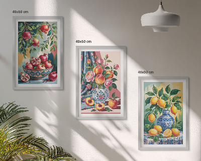 Tavelpaket med ramar Blommor och frukt i vaser