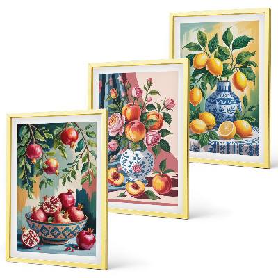 Tavelpaket med ramar Blommor och frukt i vaser
