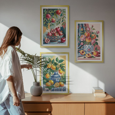 Tavelpaket med ramar Blommor och frukt i vaser