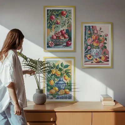 Blommor och frukt i vaser tavelset med ramar
