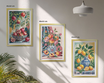 Tavelpaket med ramar Blommor och frukt i vaser