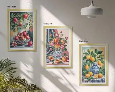 Blommor och frukt i vaser tavelset med ramar
