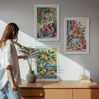 Blommor och frukt i vaser tavelset med ramar