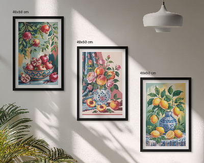 Tavelpaket med ramar Blommor och frukt i vaser