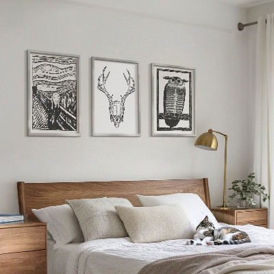 Tavelset ovanför soffa Skrikande skalleuggla grafik