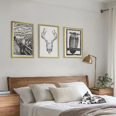 Tavelset med skrikande skalleuggla tryck för vägg ovanför soffa