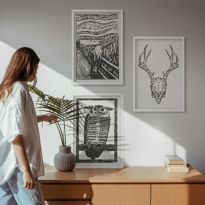 Tavelset ovanför soffa Skrikande skalleuggla grafik