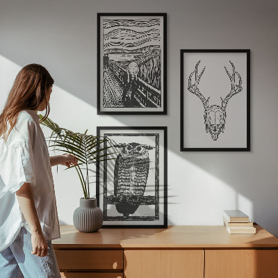 Tavelset ovanför soffa Skrikande skalleuggla grafik