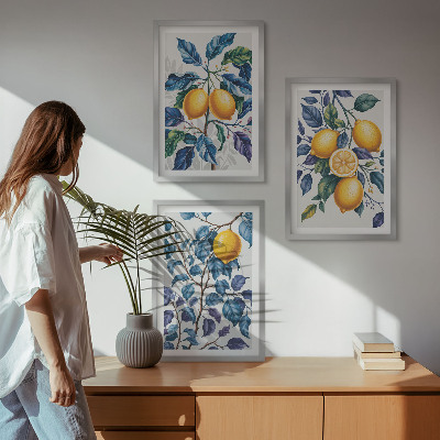 Set om 3 tavlor Citrongrenar blå blad