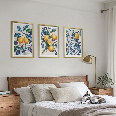 Set om 3 tavlor Citrongrenar blå blad