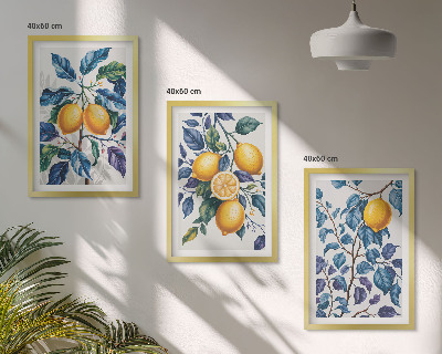 Set om 3 tavlor Citrongrenar blå blad