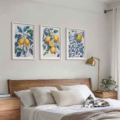 Set om 3 tavlor Citrongrenar blå blad
