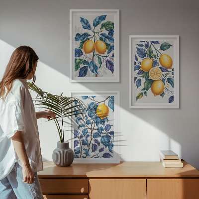Set om 3 tavlor Citrongrenar blå blad