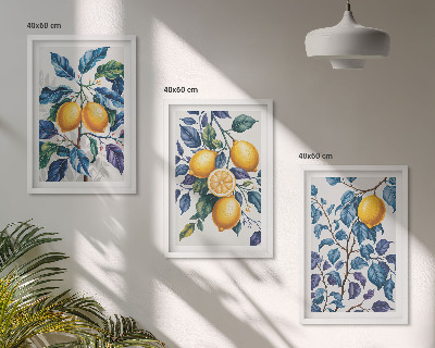 Set om 3 tavlor Citrongrenar blå blad