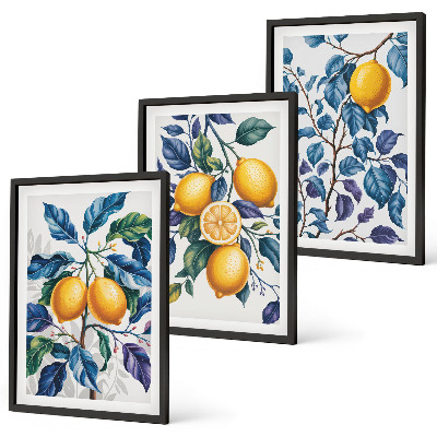 Set om 3 tavlor Citrongrenar blå blad
