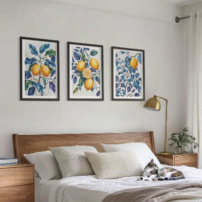Set om 3 tavlor Citrongrenar blå blad