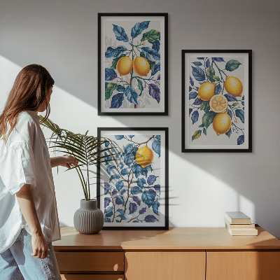 Set om 3 tavlor Citrongrenar blå blad