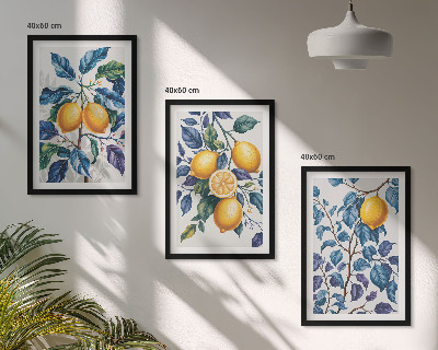 Set om 3 tavlor Citrongrenar blå blad